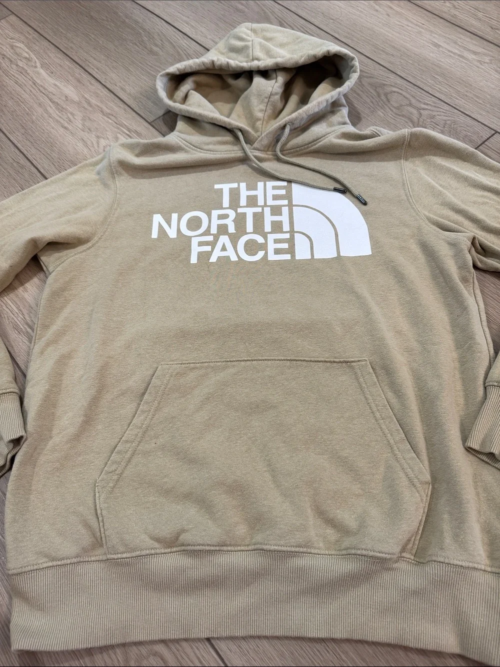 The North Face Logo Pull Over Hooded Sweatshirt Tan White mens size M hike